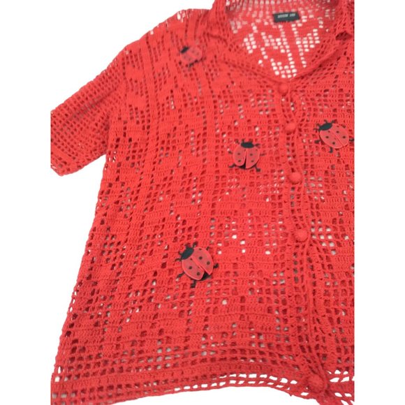 Morgan Cole open knit red button unique cardigan w/ Ladybugs measures Large/XL - Picture 14 of 16